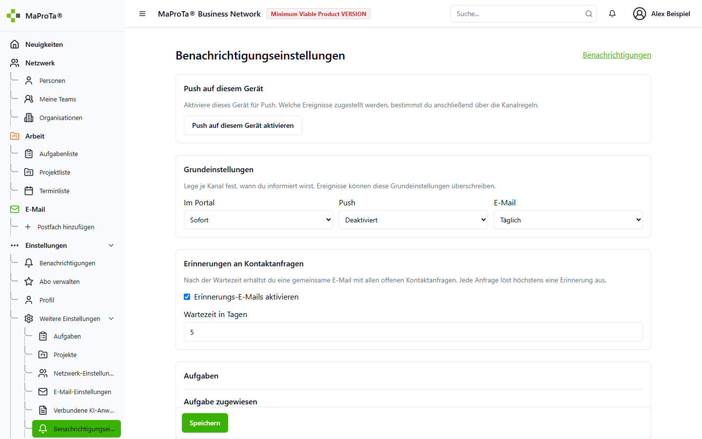 Benachrichtigungseinstellungen mit Kanälen und Häufigkeiten des Demo-Kontos